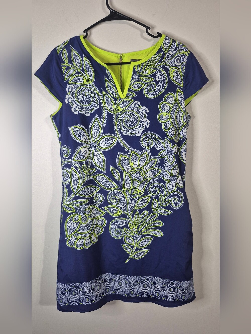 Luxology Navy Dress with Lime Floral Paisley Accents